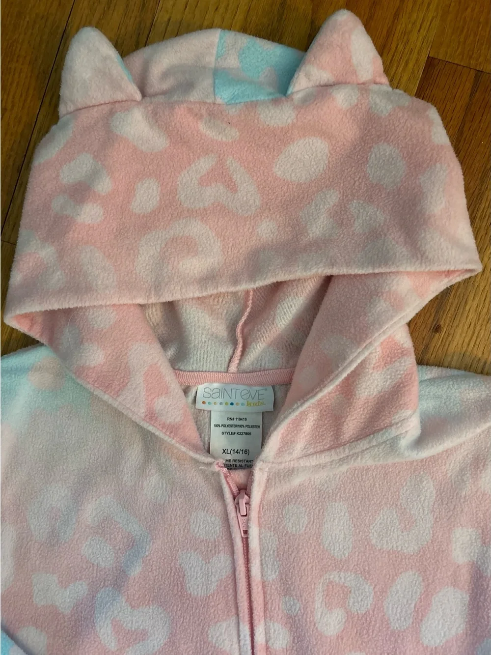 Kids Pink and Light Blue Leopard Print Hooded One-Piece Pajama, size XL